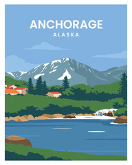 Wall Mural - Alaska travel poster with mountains. travel to United States of America. vector illustration with colored style for poster, greeting card, postcard.