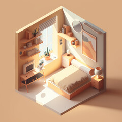 Habitación low poly isometrica color beige, cuarto pequeño 3d con luz natural, dormitorio aesthetic, creado con IA generativa 