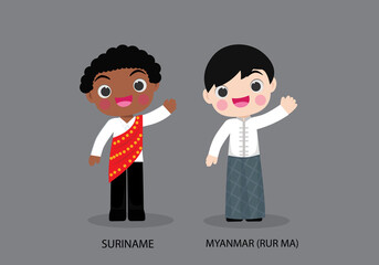 Wall Mural - Suriname peopel in national dress. Set of Myanmar man dressed in national clothes. Vector flat illustration.