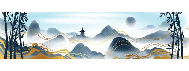 Minimal mountain landscape, Chinese zen watercolor background, vector oriental temple, fog hills. Relax Japan ink environment view, horizontal silhouette wallpaper. Chinese landscape Asia nature