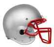A side view of a silver & black American football helmet with a transparent background.