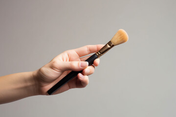 Canvas Print - Hand holding makeup brush, cosmetic equipment on neutral gray background in studio. Beauty concept, man's make up. AI generated image.