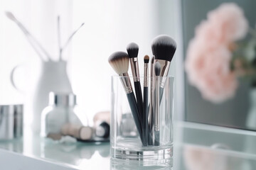 makeup brushes in a glass. clean professional makeup brushes set for make-up artist, cosmetics, make