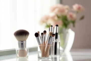 Makeup brushes in a glass. Clean professional makeup brushes set for make-up artist, cosmetics, make up theme. AI generated