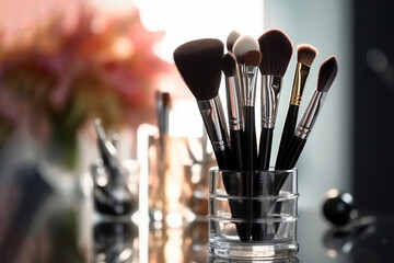 Makeup brushes in a glass. Clean professional makeup brushes set for make-up artist, cosmetics, make up theme. AI generated