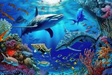 Wall Mural - pod of dolphins gracefully swimming in the deep blue sea. generative ai