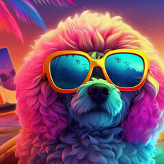 Wall Mural - Dog in sunglasses, neon background. Pop art style portrait. Generative AI