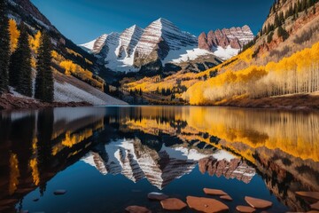 Wall Mural - serene lake reflecting the majestic mountain range in the background. generative ai