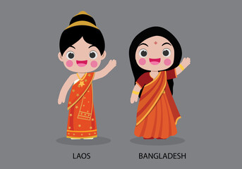 Wall Mural - Laos peopel in national dress. Set of Bangladesh woman dressed in national clothes. Vector flat illustration.