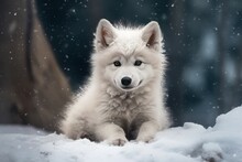 Baby Wolf At Snow Tree. Generate Ai