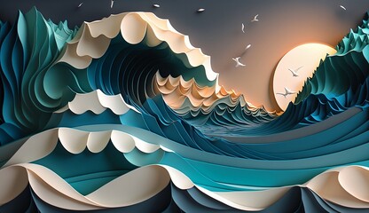 Wall Mural - Abstract background with ocean landscape, wave and sky in paper art and craft design concept.  Created using generative AI.