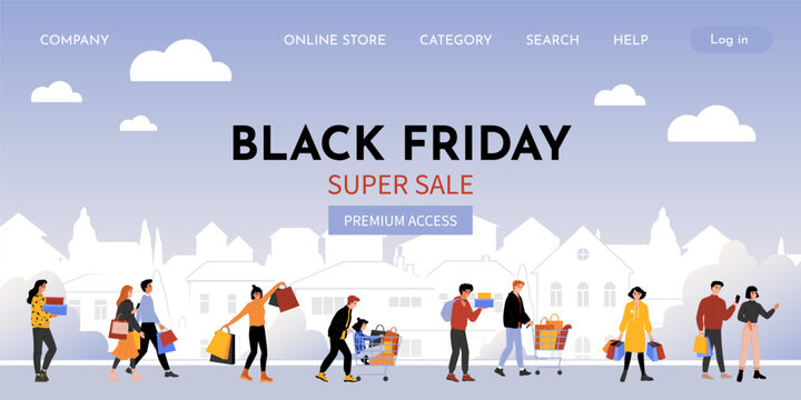 Wall Mural - Online shopping landing page. Black Friday. Season sale. Customers walk with shop bags. People making clothing purchases. Discount gifts. Special offer. Vector design website interface