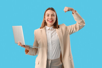 Poster - Female programmer with laptop showing muscles on blue background