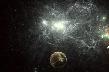 Wall Mural - white clouds of stardust with a planet in black space. abstract fractal 3d rendering