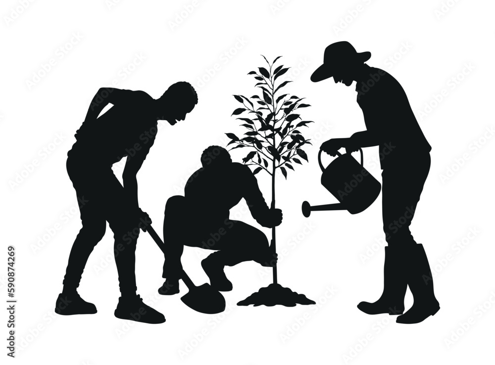 People planting trees outdoor silhouette. Men digging soil and woman  watering plant vector black silhouette. Stock Vector | Adobe Stock