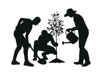 Wall Mural - People planting trees outdoor silhouette. Men digging soil and woman watering plant vector black silhouette.