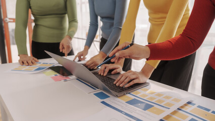 Group of ui ux developer brainstorming website wireframe mobile interface design on desk table.