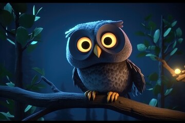 Sticker - 3D cartoon big eye wise old owl is perched on a branch, watching over the forest at night. Generative AI