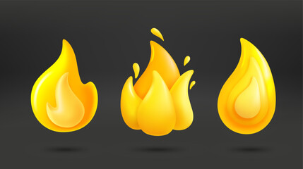 Aufkleber - Yellow flames collection. 3d vector icons isolated on dark background
