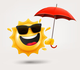 Poster - Happy sun emoji with umbrella in a hand. 3d vector isolated on white background