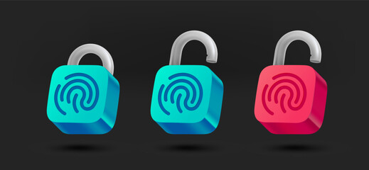 Aufkleber - Locked and unlocked padlock with fingerprint collection. 3d vector isolated on black background