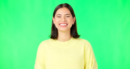 Wall Mural - Happy, laughing and the face of a woman on a green screen isolated on a studio background. Smile, beautiful and portrait of a girl with confidence, happiness and positivity on a mockup backdrop