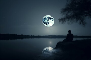 Wall Mural - Moon night man near river. Generate Ai