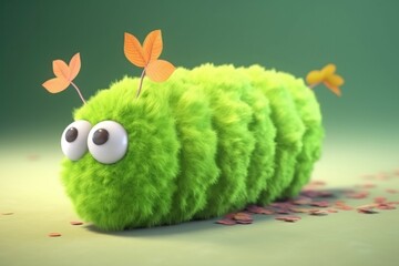 Sticker - 3D cartoon fuzzy cute caterpillar is inching its way up a leaf, ready to begin its transformation. Generative AI