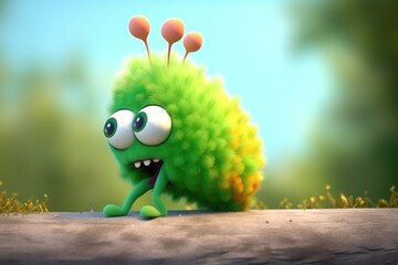 Sticker - 3D cartoon fuzzy cute caterpillar is inching its way up a leaf, ready to begin its transformation. Generative AI