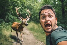 Scared man selfie with wild deer. Generate Ai