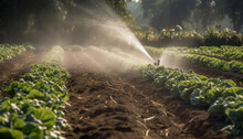 Water Splash Spray At The Vegetable Field Crop Or Garden Soil Could Be From Hose Or Garden Sprinkler. Watering The Plant At The Garden Backyard Or Vegetable Crop.