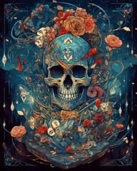 Tarot card illustration with skull and flowers