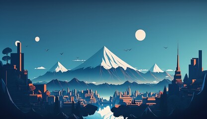 Wall Mural - Abstract background Mt.Fuji in Japan landscape and sky in paper art and craft design concept.  Created using generative AI.