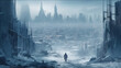 Post Apocalyptic view of a city covered in ice created using Generative AI technology.