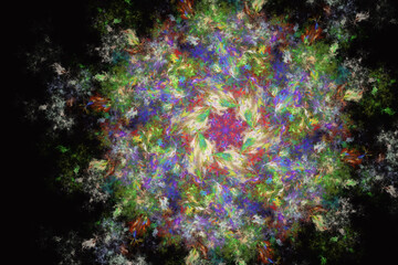 Wall Mural - multi-colored bright round pattern of crooked strokes on a black background. abstract fractal 3d ren
