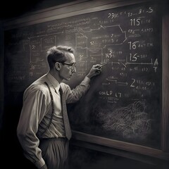a teacher solving a problem on a blackboard in a class 