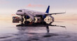 Parkiertes Flugzeug mit verschiedenen Flughafen-Fahrzeugen vor schönem Sonnenuntergang