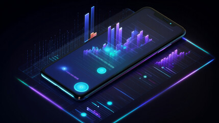 Application of Smartphone with business graph and analytics data on isometric mobile phone. Analysis trends and software development coding process concept. Programming, Generative Ai