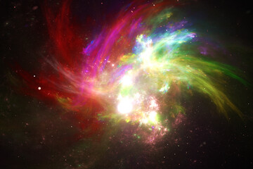 multicolored clouds of stardust in black space. abstract fractal 3d rendering