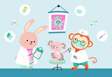 Fototapeta Pokój dzieciecy - Medical vaccination scene in hospital. Cute koala patient and doctors monkey and bunny. Immunization, childish pediatrician nowaday vector characters