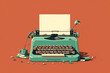 Mechanical typewriter in classic and minimalistic style with white blank paper isolated on copy space orange background. Cartoon illustration generative AI