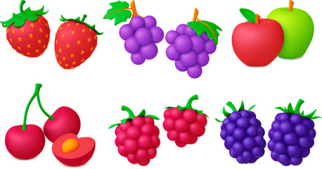 Wall Mural - Berries fruits isolated 3d icons. Cherry and strawberry, raspberry and grapes. Realistic berry, decorative graphic juicy food. Vegan pithy vector elements