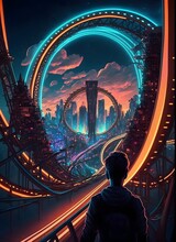 A Roller Coaster Ridding Right Into A Futuristic City Infinity Mirrors 
