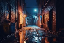Back Street Alley With Old City Houses In Rain At Night. Ai. Empty Dark Alleyway 
