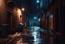 Back Street Alley With Old City Houses In Rain At Night. Ai. Empty Dark Alleyway 