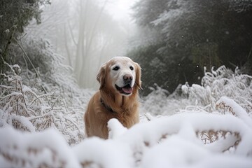 Poster - Golden Retriever playing in a snowy forest. Generative AI