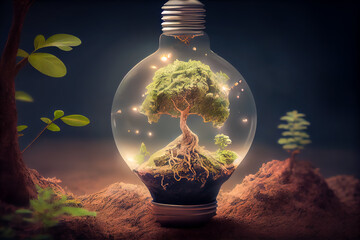 Wall Mural - Ecology concept with tree growing inside of light bulb. Generative AI