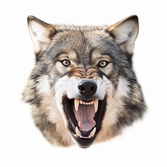 Wolf growls, gets angry, bares big teeth, wolf head close-up isolated on white background, for tattoo and design, ai generative
