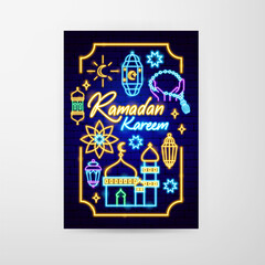 Wall Mural - Ramadan Neon Flyer. Vector Illustration of Religion Arabian Glowing Concept.