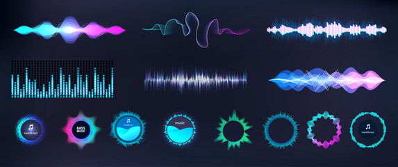 Aufkleber - Sound waves equalizer and voice signal circle elements. Digital visualization sound, voice, audio signals for HUD, UI. Microphone voice and sound recognition. Frequency audio, circle bar. Vector set